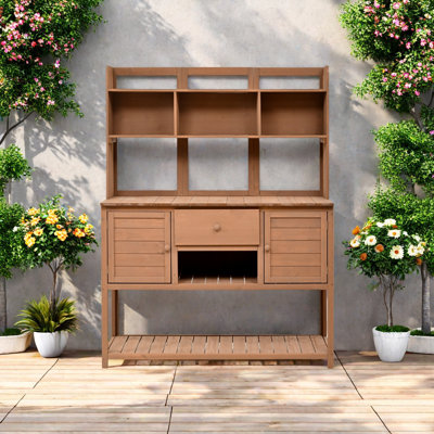 Banc de rempotage extérieur durable avec tablettes réglables, 3 options de couleur, tiroir de rangement et crochets - Poste de travail de jardin en bois de sapin rustique pour la cour, le patio et le jardin