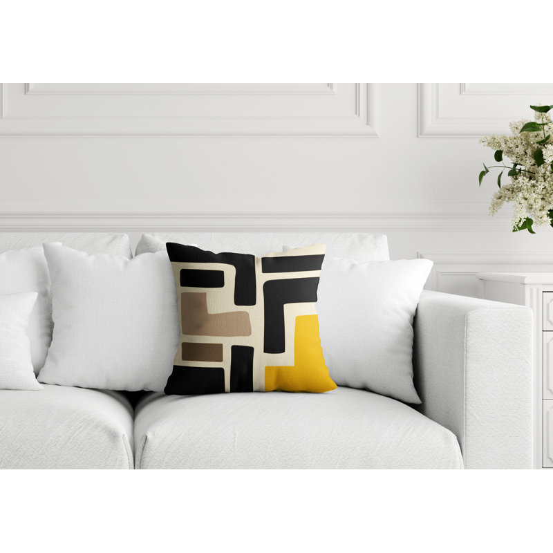 Coussin intérieur / extérieur en polyester filé Banksy, 15 po x 15 po, Jaune / blanc cassé