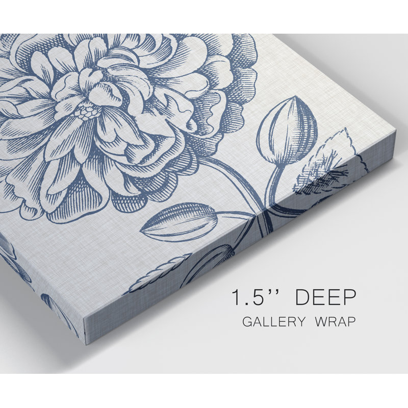 « indigo floral on lin iii », reproduction de peinture sur toile tendue, H 40 po x l 40 po x P 1 po