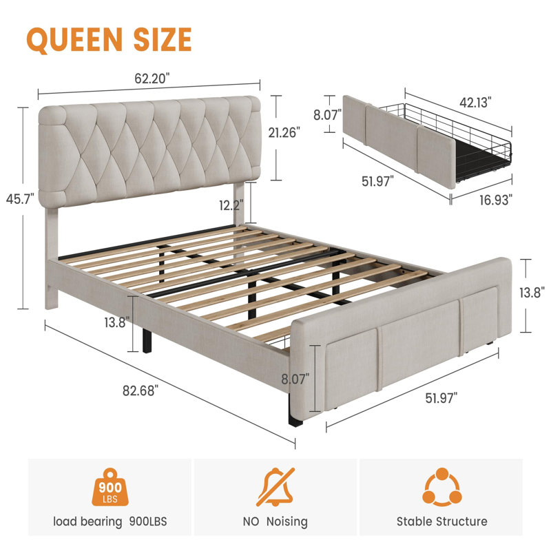 Structure de lit plateforme tapissier avec tiroirs de rangement, sommier avec support en lattes de bois massif, Beige