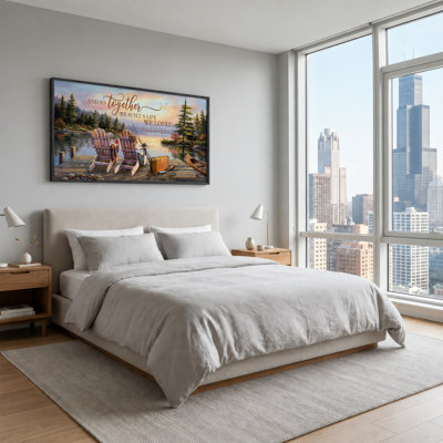 Art mural sur toile en bois avec chaises Adirondack et canot au lac Sunset