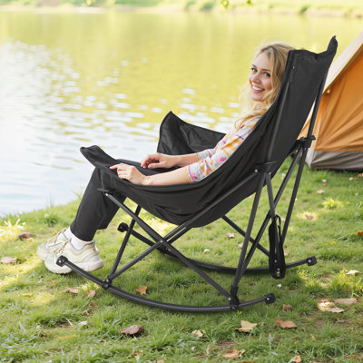 Rocking Camping Chair, Portable Folding Rocker, Heavy-Duty Lawn Chair Recliner With Cupholder & Pocket, Supports 225Lbs, Fully Padded Camp Chairs For Outdoor Patio Backyard Porch Garden, Chair