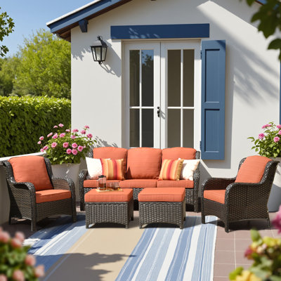 Amanda Premium All-Weather Wicker 5 - Person Patio Conversation Sets with Cushions