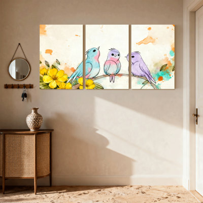 Birds Colorful Birds On Branch With Flowers Set of 3 Canvas Wall Art Prints