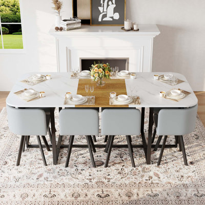 Ensemble de salle à manger carré moderne 9 pièces avec plateau de table élégant à deux tons