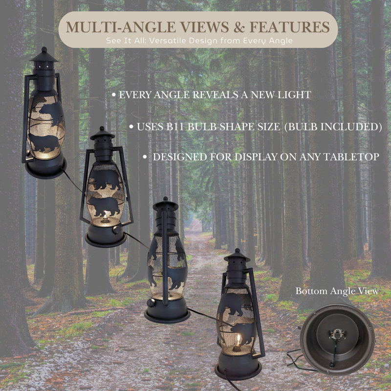 Metal Rustic Bear Lantern Table Lamp Vintage Nightlight Cabin Lodge Woodland Decor