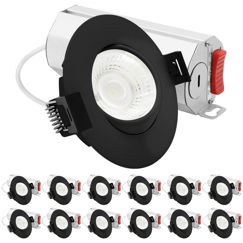 LuxRITE 3 po Luminaire encastré à DEL à cardan, 5CCT 2700K-5000K, 9 watts, 750 lumens, projecteur pivotant réglable à 360º + 30º à intensité variable, noir, paquet de 12