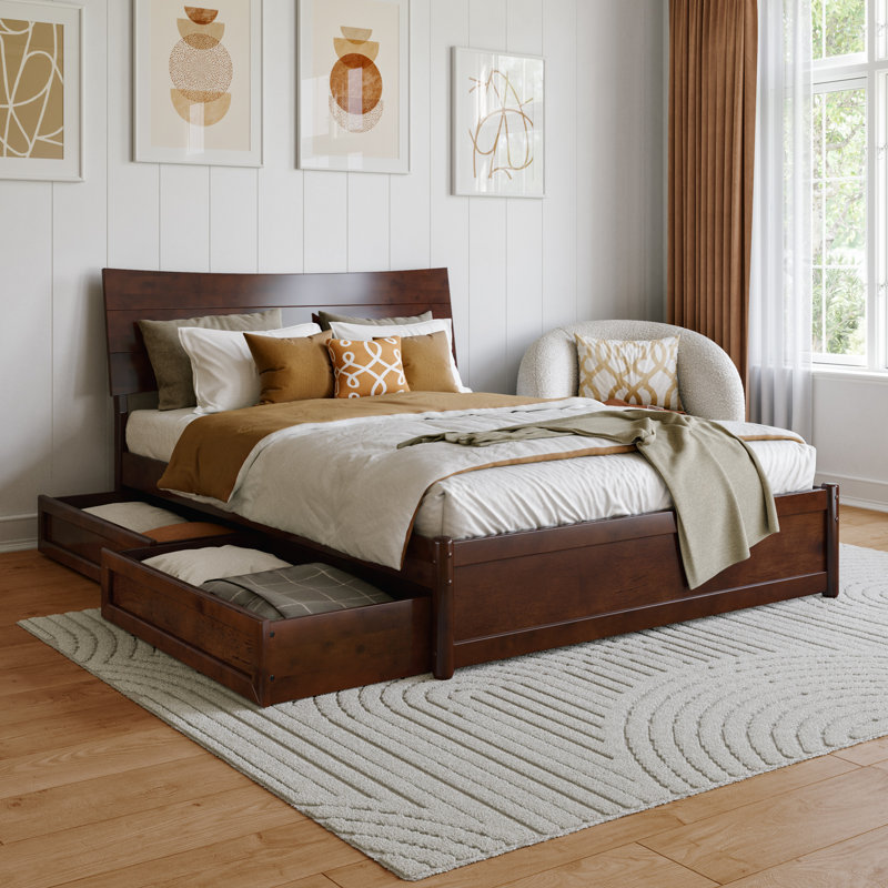 Harlowe Wood Platform Bed with Storage Drawers, Walnut, Lit double