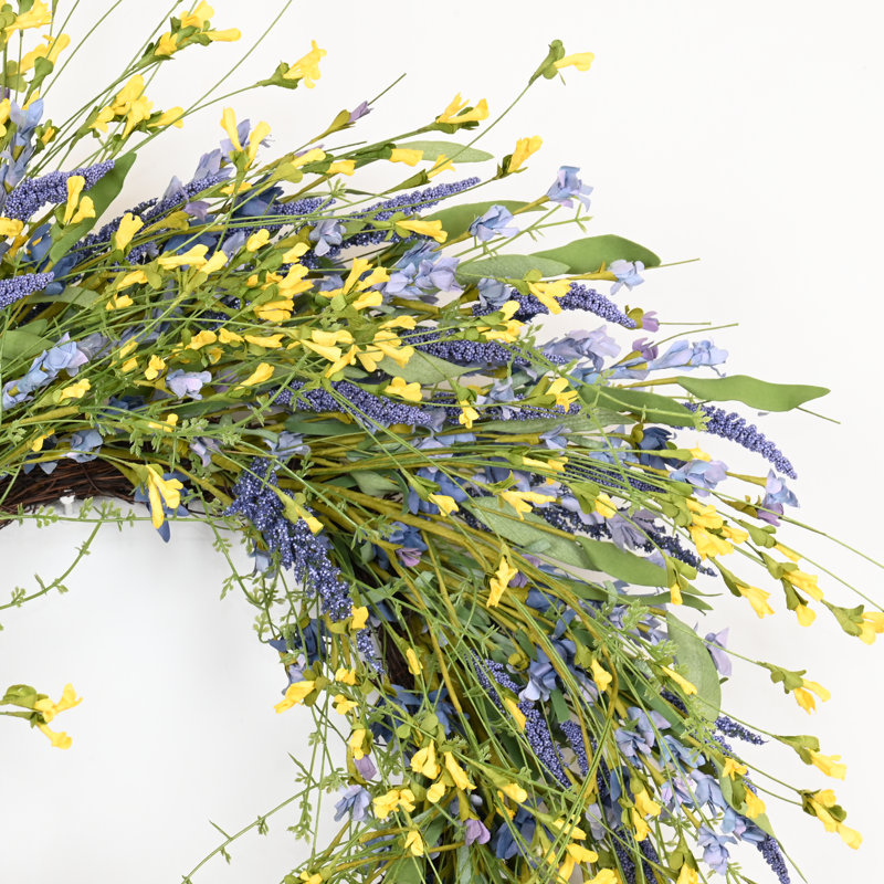 Couronne de porte artificielle 24 po avec fleurs et fleurs, Jaune