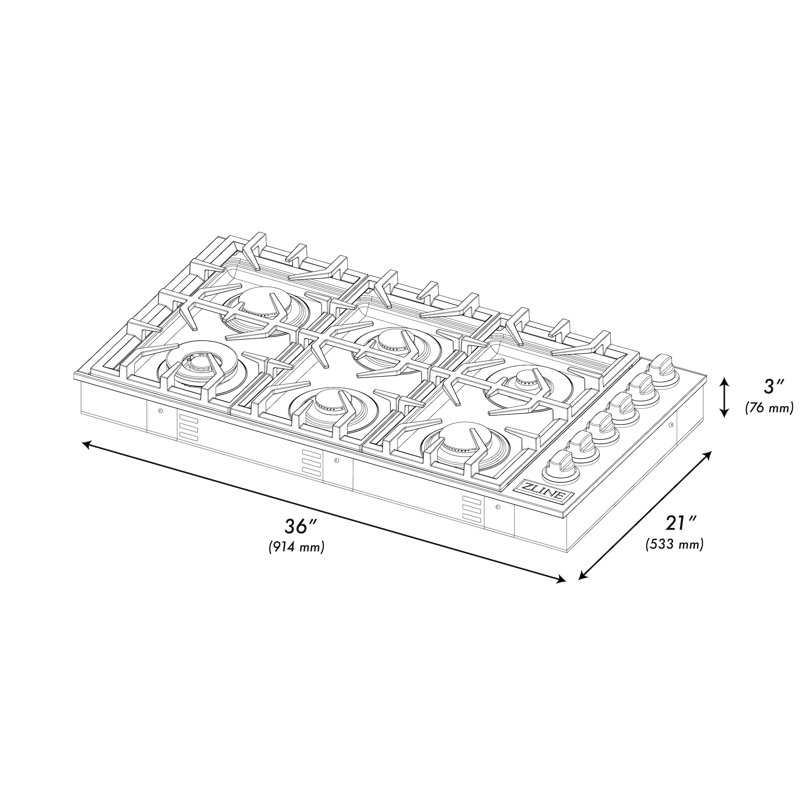 ZLINE 36 in. Gas Cooktop with 6 Burners, Stainless Steel with Brass Burners