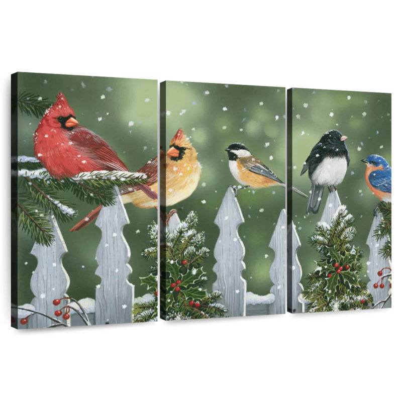 Oiseaux d'hiver Brampt sur une clôture enneigée, H 48 po x l 74 po