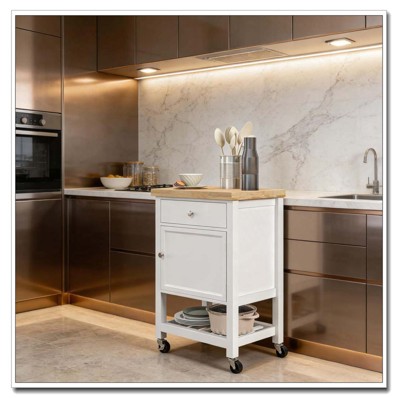 Chariot mobile pour îlot de cuisine avec porte-bouteilles et porte-serviettes