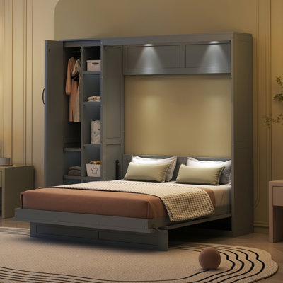 Lit escamotable gris complet avec lumières DEL, tablettes et garde-robe - Lit avec rangement peu encombrant
