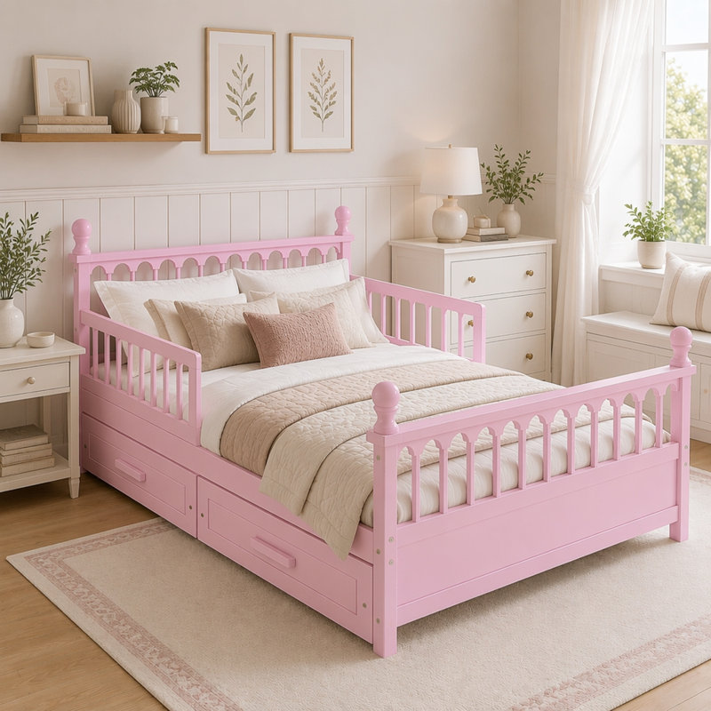 Lit plateforme en bois avec 2 tiroirs de rangement sous le comptoir, Double, Rose