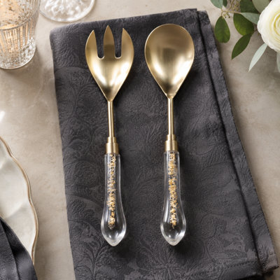 Modern Resin Salad Utensil Serving Hostess Set in Box for Dining Table Party - Kitchen Serveware for Catering and Entertaining - Set of 2, Clear & Gold