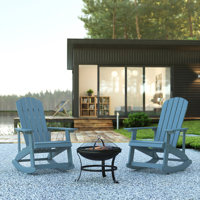 Ensemble de 2 chaises berçantes et foyer en résine Adirondack, Écume de mer