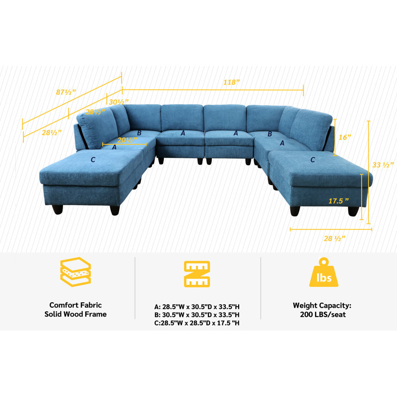 Airica Upholstered U-Shaped Sectional Symmetrical, Blue Polyester Blend