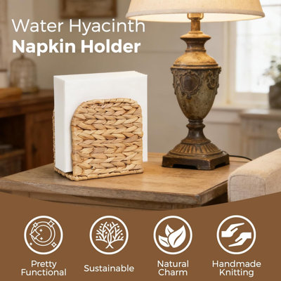 Wicker Upright Napkin Holder, Water Hyacinth Napkin Holder for Table | Natural Handwoven, Boho Farmhouse Paper Napkin Holder