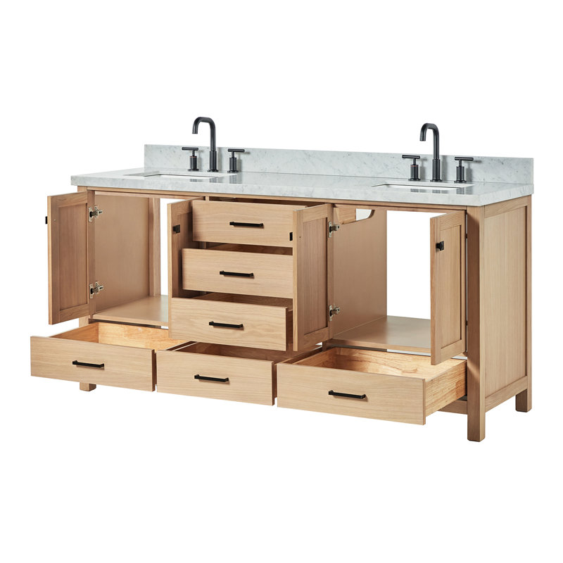Cambridge 73'' Double Bathroom Vanity with Carrara Marble Top, Oak, Rectangular