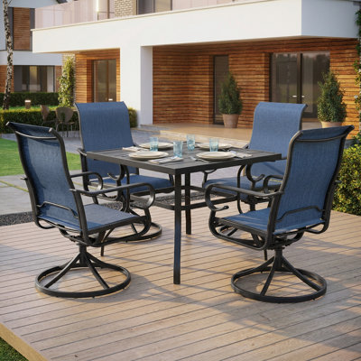 5pcs Textilene Outdoor Dining Set With Umbrella Hole, Swivel Design