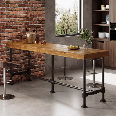 Table de bar étroite de 180 cm de long pour 6 à 8 personnes, en bois massif, hauteur du comptoir, avec repose-pieds en métal. Parfait pour un bistro, un restaurant ou une salle à manger.