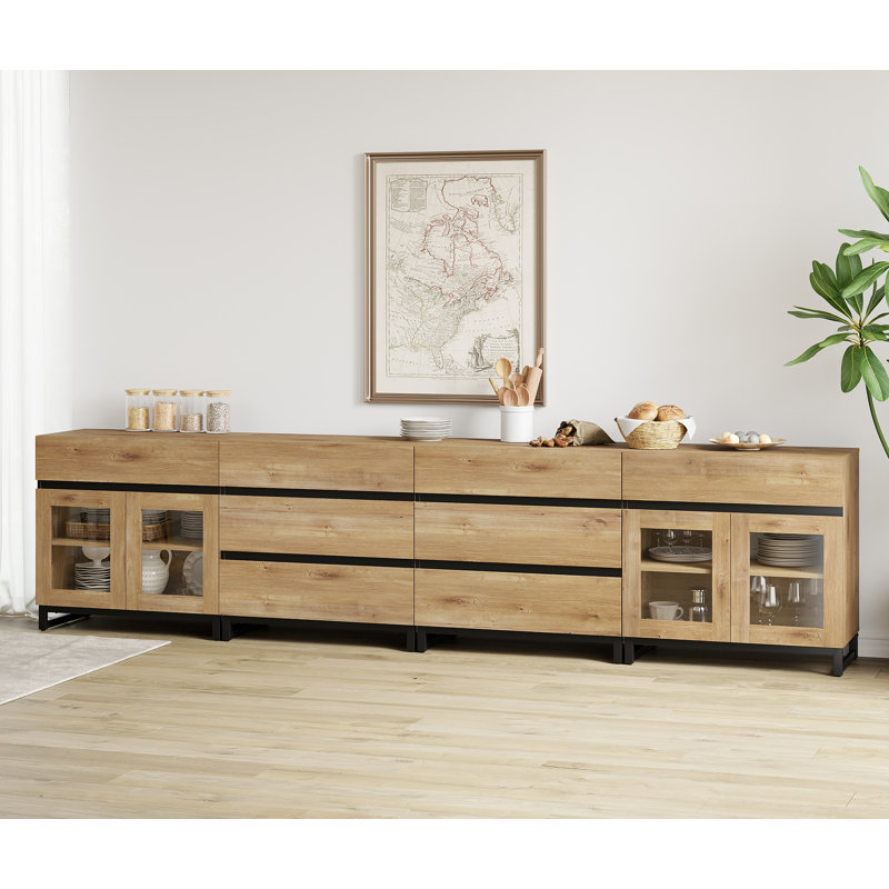 Buffet 4 en 1 moderne avec tablettes réglables et 8 tiroirs, armoire à café pour le salon, cuisine, Chêne