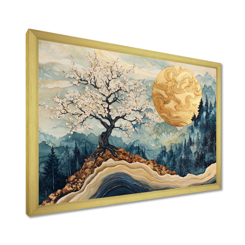 Cherry Blossom Tree Dreams Of Hanami III - Art mural fleur de cerisier, H 30 po x l 40 po, Cadre simple, Doré
