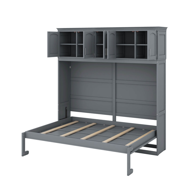 Lit escamotable avec armoires supérieures Murphy, Gris, Lit double