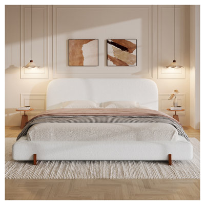 California King Upholstered Platform Bed Frame with Chenille Fabric, Modern White Boucle Bed with Solid Wood Legs