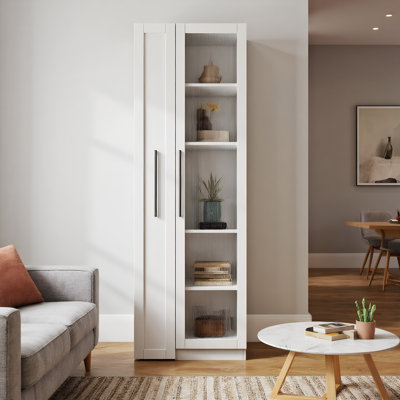 Display Cabinet With Glass Doors, Wooden Kitchen Pantry Cabinet With Pull-Out Storage Shelf, Farmhouse Dining Cabinet, Bar Cabinet, White by Ophelia & Co.