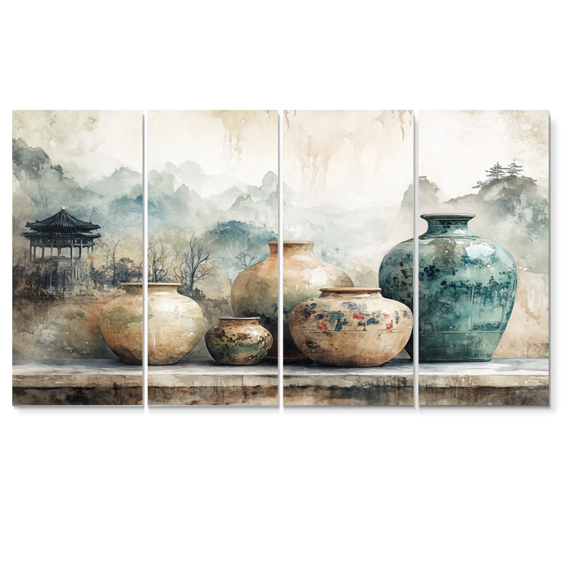 «Blue China and Orange China Pottery Tranquility II - Boho Pottery», ensemble de reproduction d'art mural, H 28 po x l 48 po