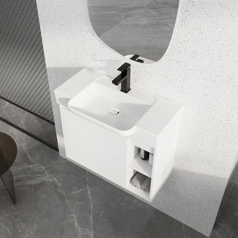 Meuble-lavabo mural avec lavabo en céramique blanche, Blanc lustré