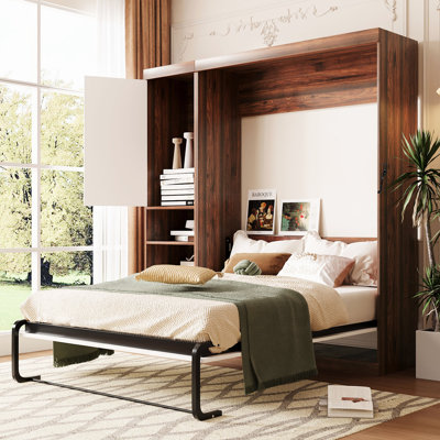 Lit double blanc avec armoire de rangement, idéal pour économiser de l'espace dans un lit mural multi-usage, avec lattes flexibles pour économiser du confort