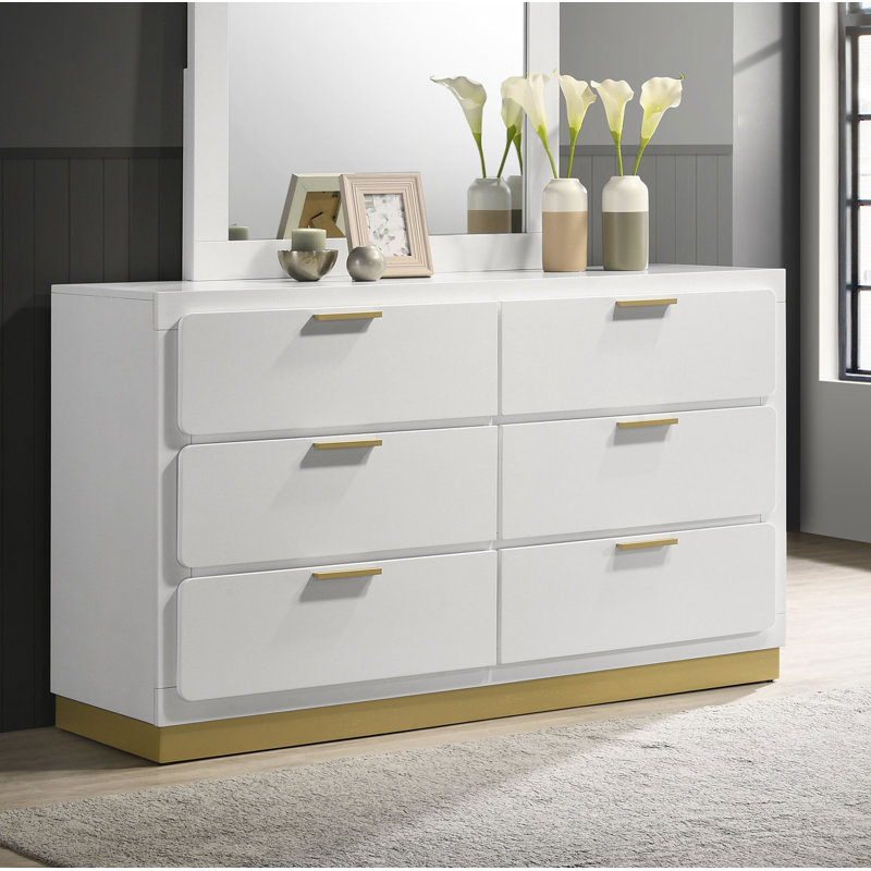 Freret 6-drawer Dresser with Mirror White, White