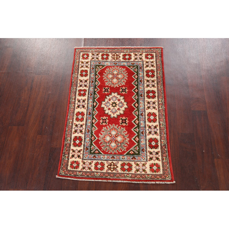 Tapis rouge en laine noué à la main de conception unique 2 pi 9 po x 4 pi 1 po