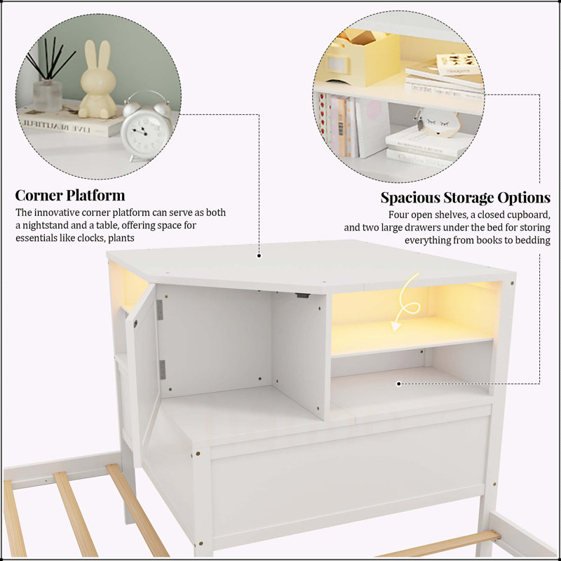 L-Shaped Combination Twin Bed with Trundle and Drawer, White