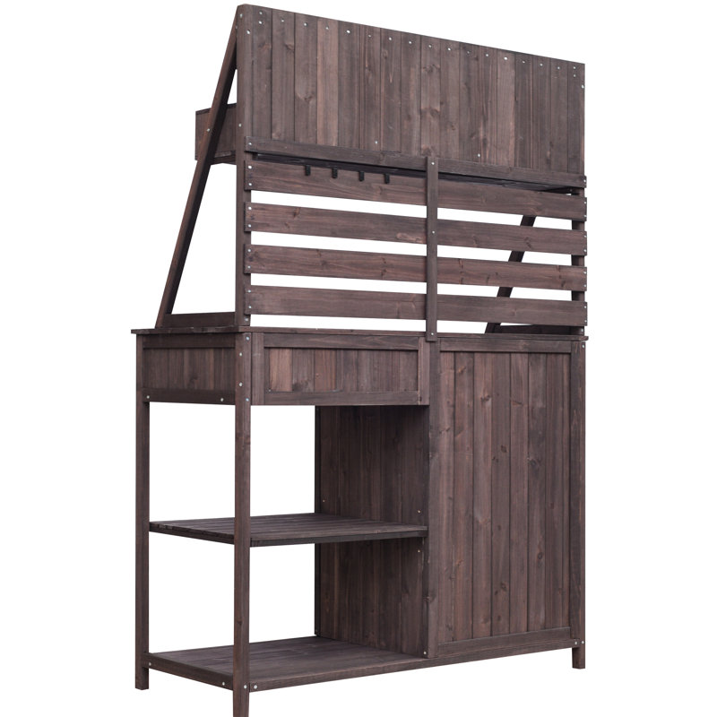 Banc de rempotage en bois de sapin avec 5 tiroirs, panneau à lattes pour un rangement personnalisé, comptoir ergonomique de 35,5 pouces, banc de démarrage idéal pour les semis et le travail à l'extérieur brun, système de tiroir avec une grande capacité de rangement,