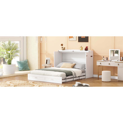 Lit escamotable double pleine grandeur avec tiroir et prises et ports USB, structure de poulie pour une transformation en douceur et une fonctionnalité améliorée