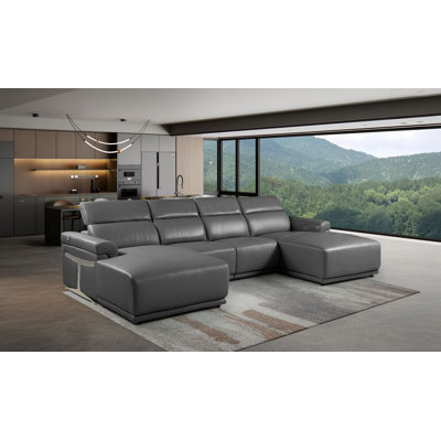 Dark-Gray 4-Piece U-Shaped Sectional In Top-Grain Italian Leather With Adjustable Headrests – Open Layout
