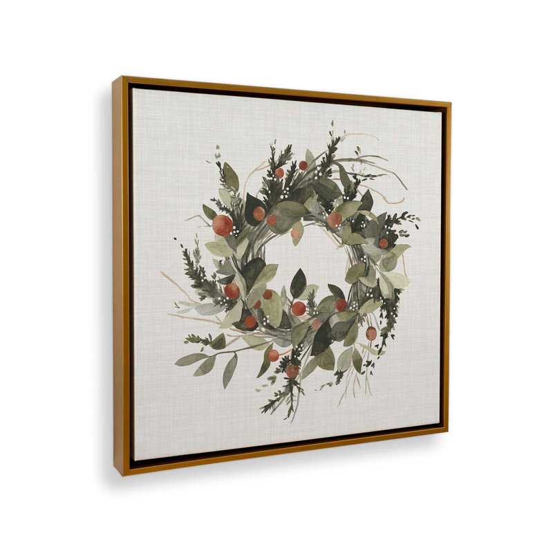 Impression sur toile « Couronne de Noël aux baies II » (40,6 cm x 40,6 cm) dans un cadre blanc, Cadre doré