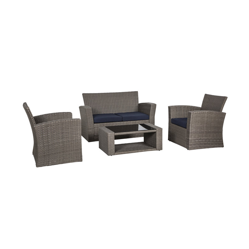 Tisdale 4-Piece UV Resistant Outdoor Conversation Set with Cushions , Gray, Navy Blue Performance