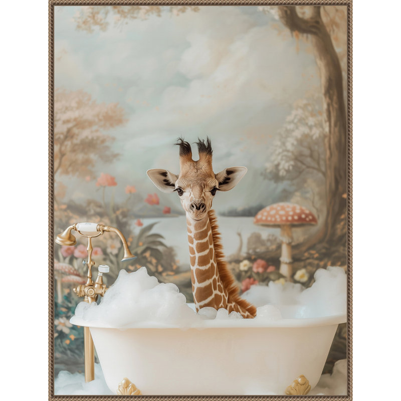 «Whimsical Giraffe Soak» par Hostetter, reproduction d'art sur toile encadrée, H 42 po x l 32 po