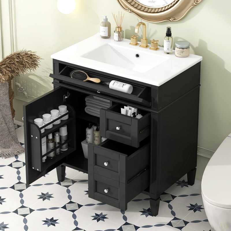 Meuble-lavabo de 30 po avec lavabo supérieur, meuble-lavabo moderne avec 2 tiroirs et tiroir escamotable, meuble-lavabo simple
