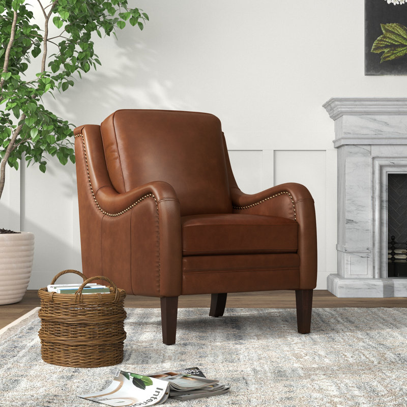 Amberlie 27.56" W Genuine Leather Arm Chair, Brown Genuine Leather