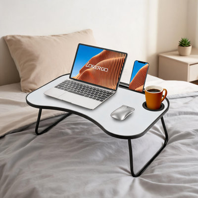 Bureau d'écriture pliable compact avec porte-gobelet, finition en bois gris, table d'ordinateur portable portable pour lit ou canapé