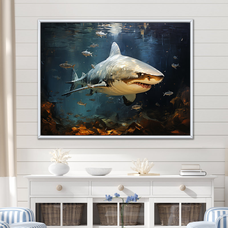 Requin sous l'eau II - Sharkwall Art, H 24 po x l 32 po x P 1 po, Cadre flottant blanc