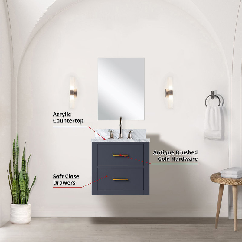 Ensemble de meuble-lavabo simple bleu l 20 po x P 18 po, comptoir en acrylique, miroir 18 po et robinet, Blue/Gold