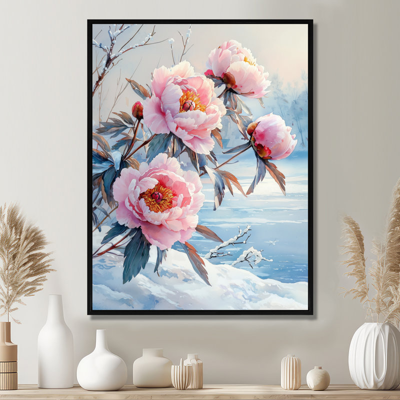 Pe pivoines près du lac gelé II - pivoines, art mural encadré, Noir, Impression encadrée sans passe-partout