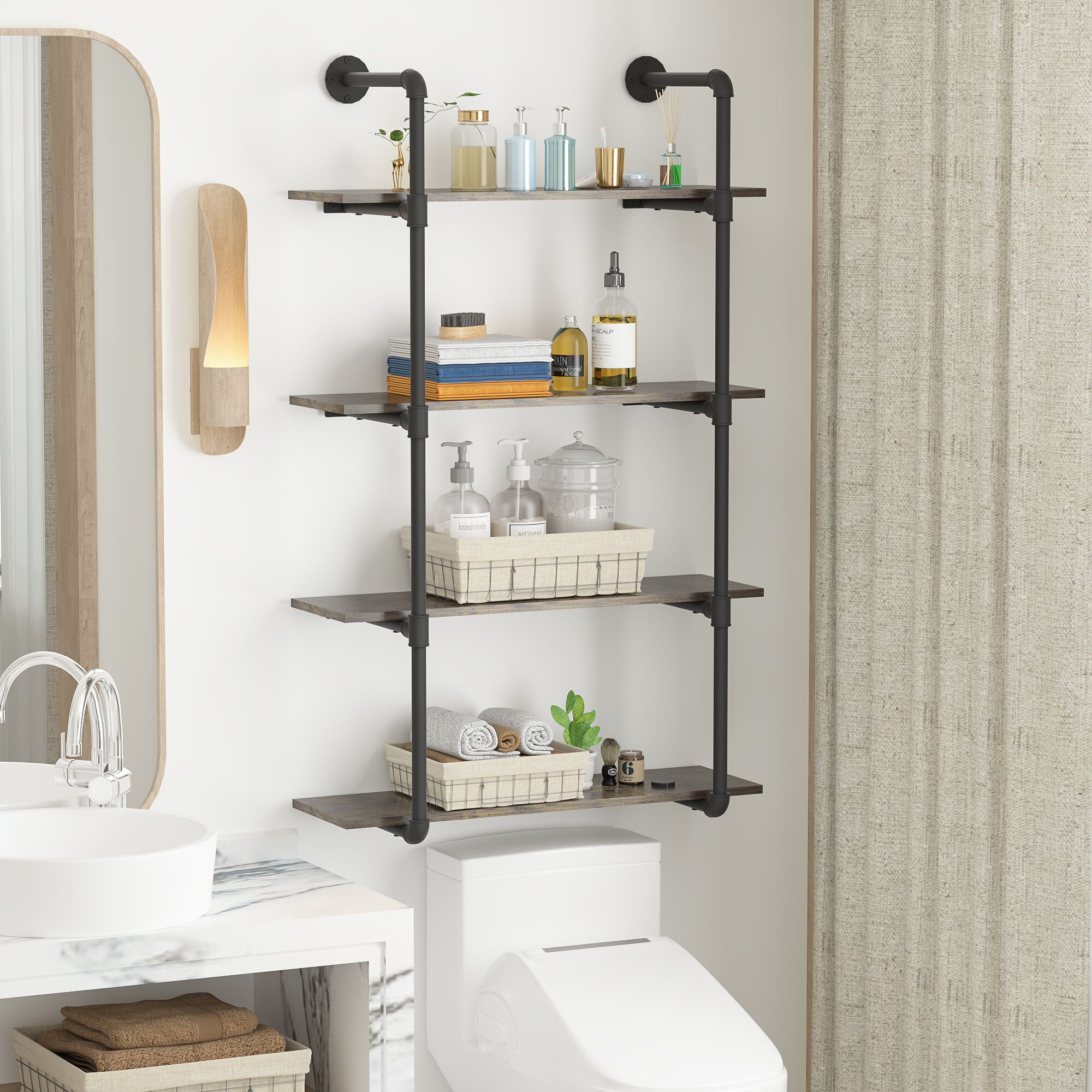 HOMCOM Industrial Pipe Style Shelf 4-Tier Wall-Mounted Utility Bookcase Floating