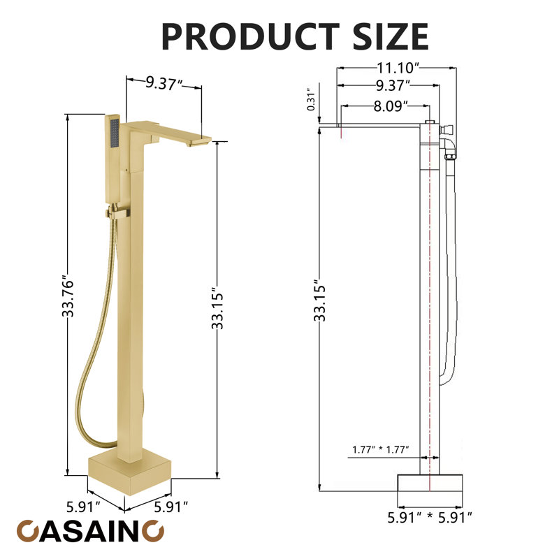 Single Handle Free Standing Bathtub Faucet with Diverter and Handshower, Brushed Gold